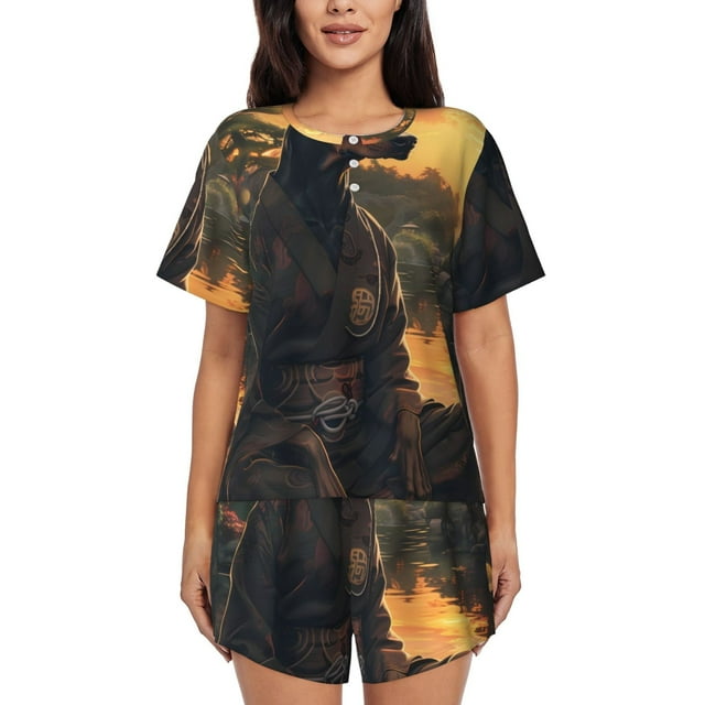 Xecao Sunset Meditating Doberman Pattern Women's Short Sleeve Pajama Set Soft Sleepwear Lounge Set with Button Front Top and Drawstring Shorts with Pockets-Large