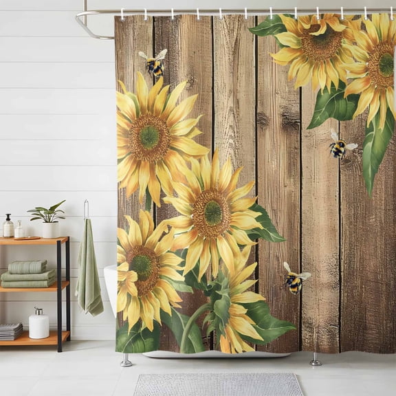 Shower Curtains for Bathroom, Sunflower Waterproof Fabric Shower Curtain, Farmhouse Floral Bee Brown Vintage Wood Grain Decorative Bathroom Curtain for Bathtub, 72"x78", No Hooks Included