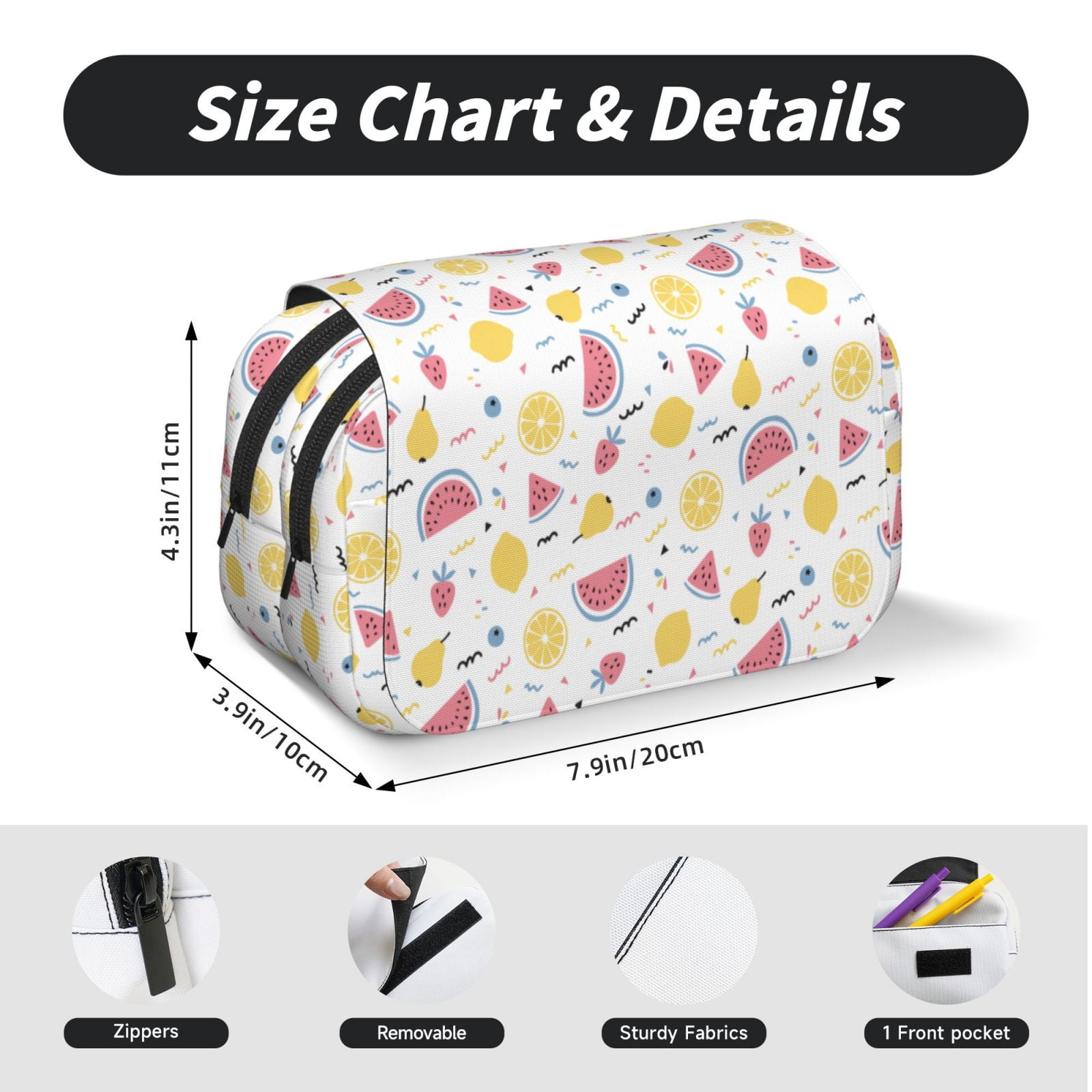 Rateoe Watermelon And Lemon Pattern Double Clamshell Pen Case, Storage Organizer with Two Zipper Compartments– Holds Up to 50 Pencils & Pens