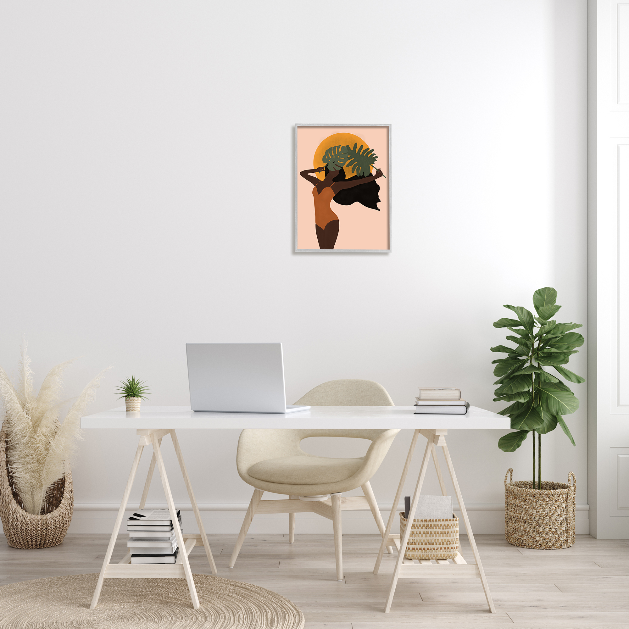 Stupell Industries Female Holding Tropical Monstera Leaf under Sun Graphic Art Gray Framed Art Print Wall Art, 16x20, by JJ Design House LLC