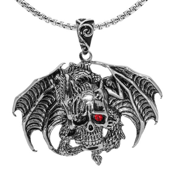 PikaLF Dragon Necklace for Men, Gothic Flying Dragon Wings Skull Necklace, Red Eye Skull Pendant Necklace with 23.6” Chain, Crystal Skull Head Necklace, Punk Hip Hop Necklace Jewelry Gift for Men