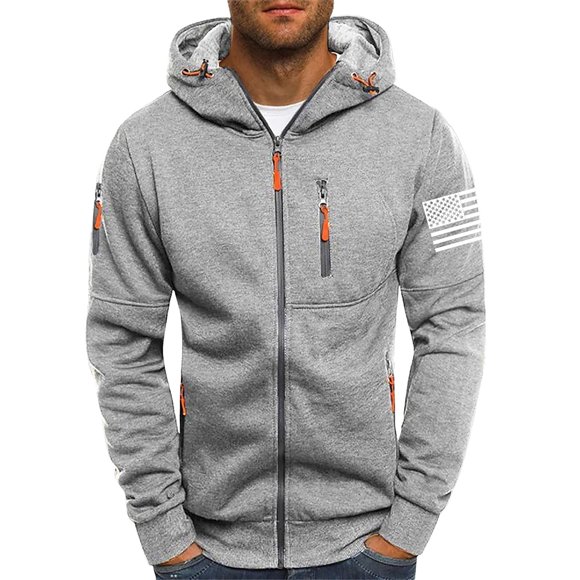 Fengqque Casual Hoodies for Men Flag Graphic Zipper Long Sleeve Jacket Fashion Lightweight Running Sport Thin Coat with Pocket Gray 4(S)