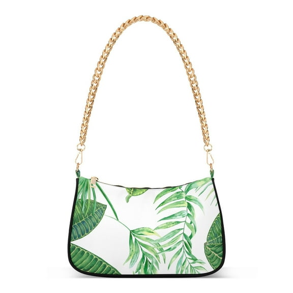 Womens Chain Shoulder Bag Green Palm Tropical Leaves Classic Tote Handbags Fashion Clutch Hobo Purse with Zipper for Travel Casual