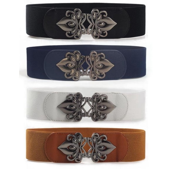 4 Pack Women Wide Elastic Waist Belt for Dress Vintage Stretch Cinch Belt Retro Buckle, fashionable buckle elastic wide waistband women's leather fabric exquisite versatile decorative Decoration