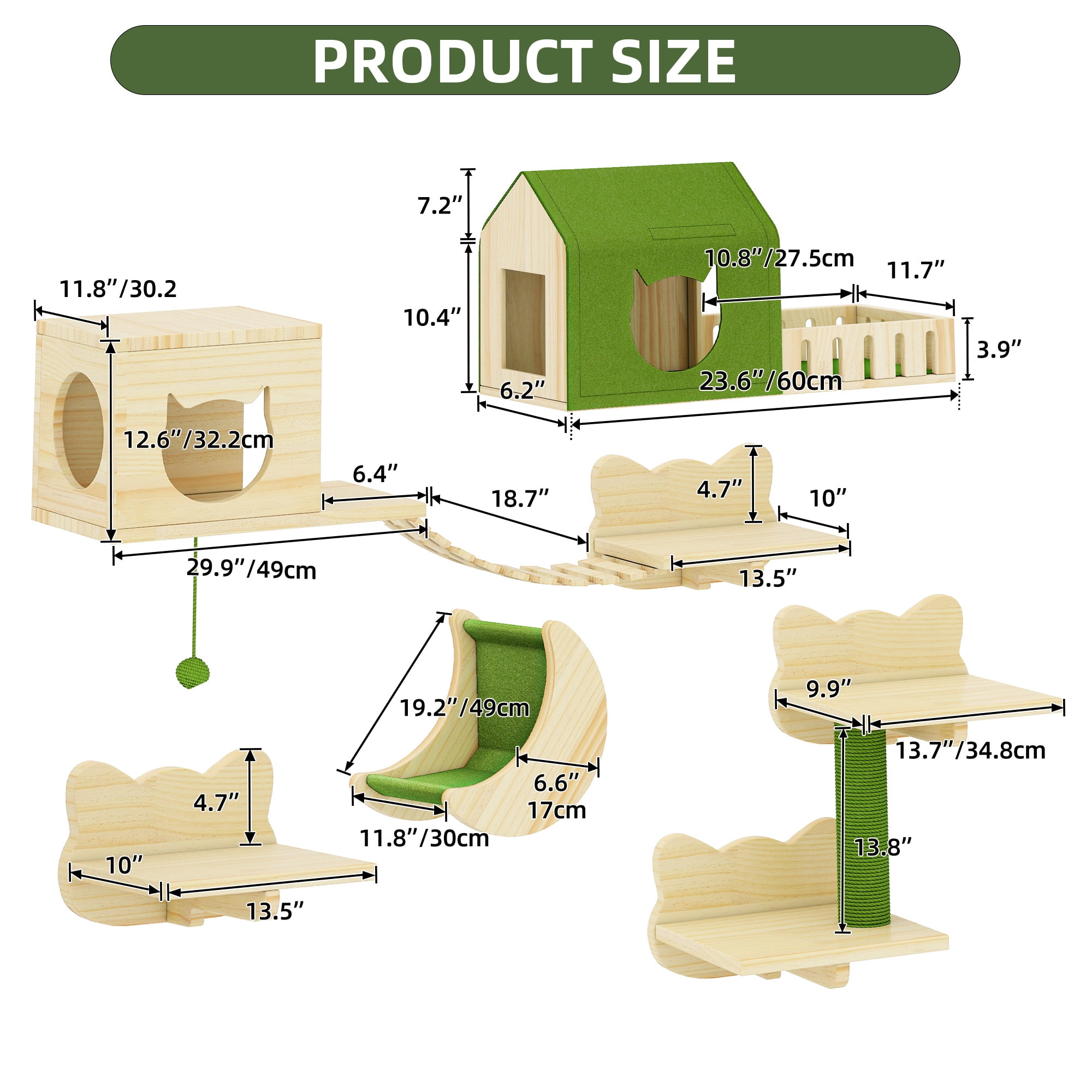 Uforic Cat Wall Shelves and Perches, Wooden Wall-Mounted Cat Furniture Set of 16 with 3 Cat House, 7 Shelves, 2 Sisal Posts & Hanging Balls for Indoor, Green & Wood