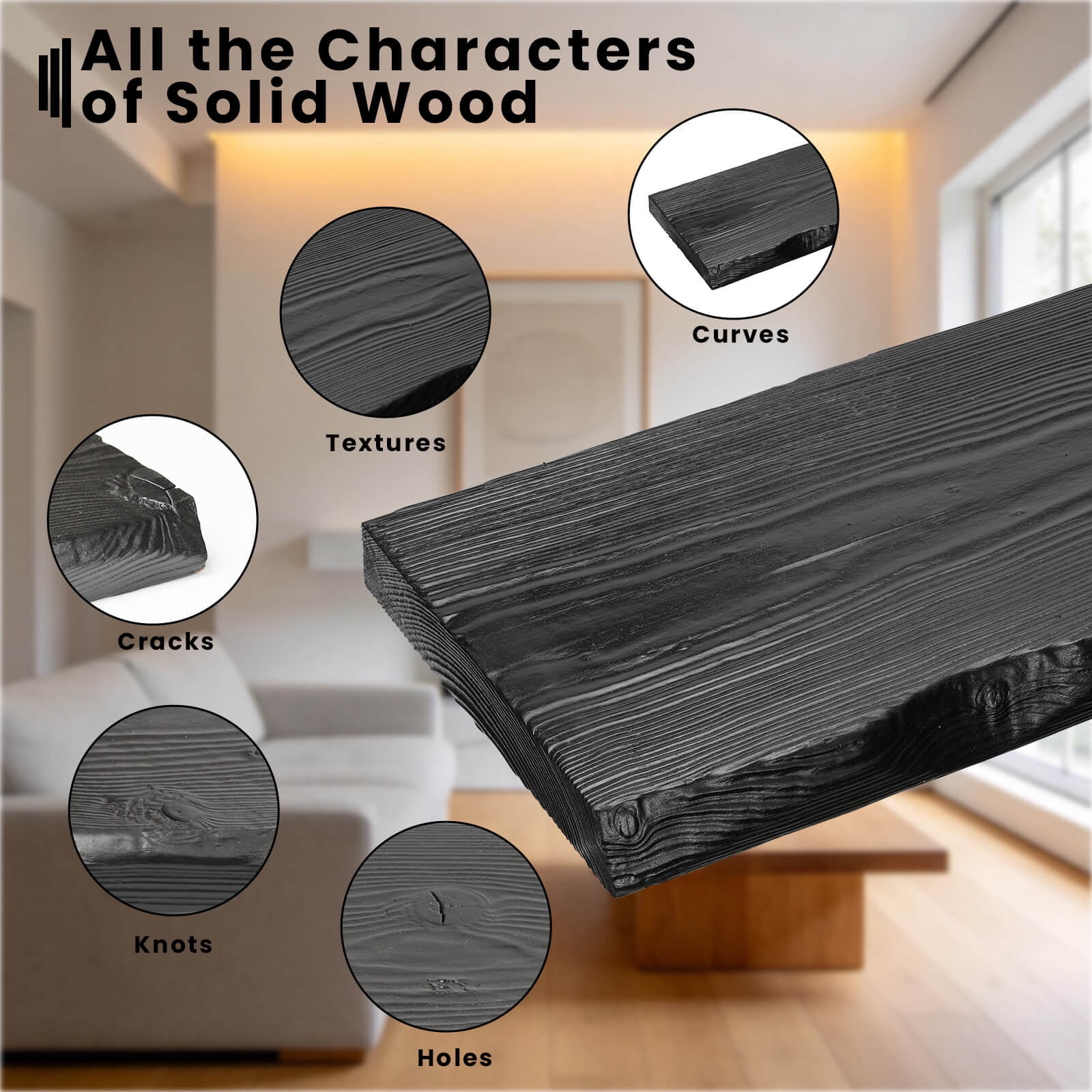 72 Inch Solid Wood Floating Shelf, Live Edge Rustic Wall Shelf with Hidden Brackets, 8” Deep Long Wooden Shelf for Living Room, Bathroom, Bedroom, Kitchen Storage & Display (Black)