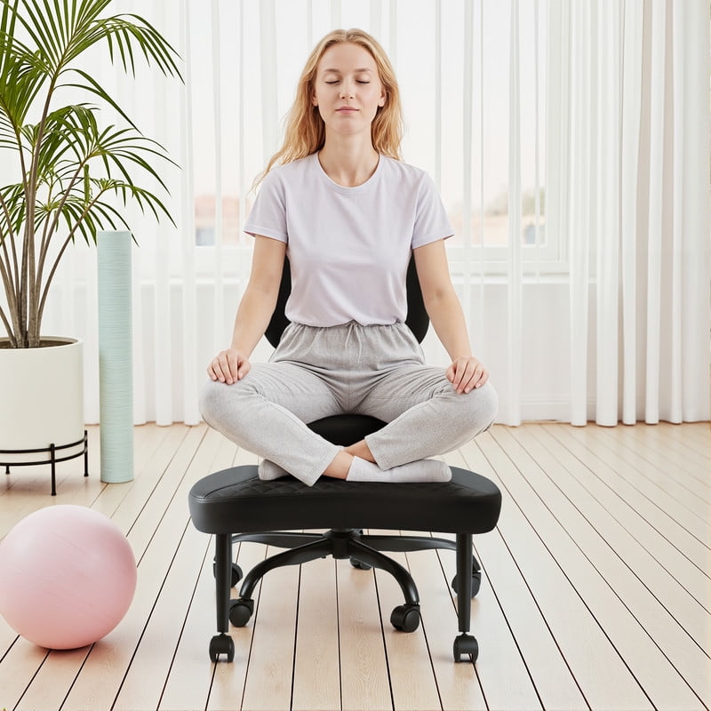 Lacoo Ergonomic Cross Legged Swivel Office Chair,ADHD & Meditation Chair with Retractable footrest,Adjustable Height with Back Support,PU Leather, Black