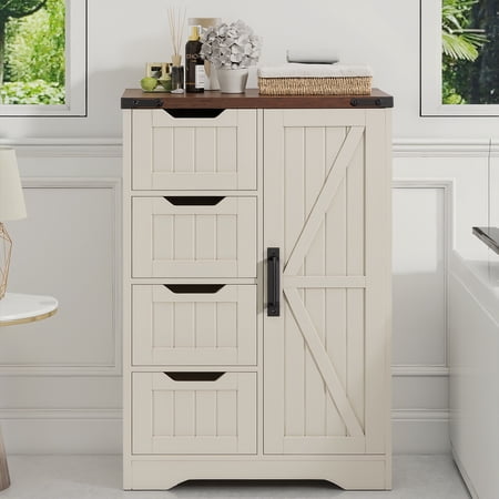 Farmhouse Bathroom Cabinet White Freestanding Storage Cabinet with 4 Drawers and 1 Door Rustic Organizer with Adjustable Shelf for Bathroom Entryway or Living Room Slim Floor Cabinet Furniture