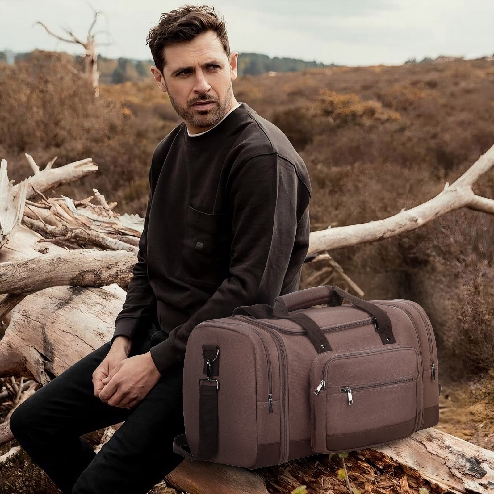 Gynky Duffle Bag for Travel Bag 46L Large Expendable Duffle Bags for Men Weekender Bag with Trolly Sleeve for Business Trip Travel Camp Gym, Coffee