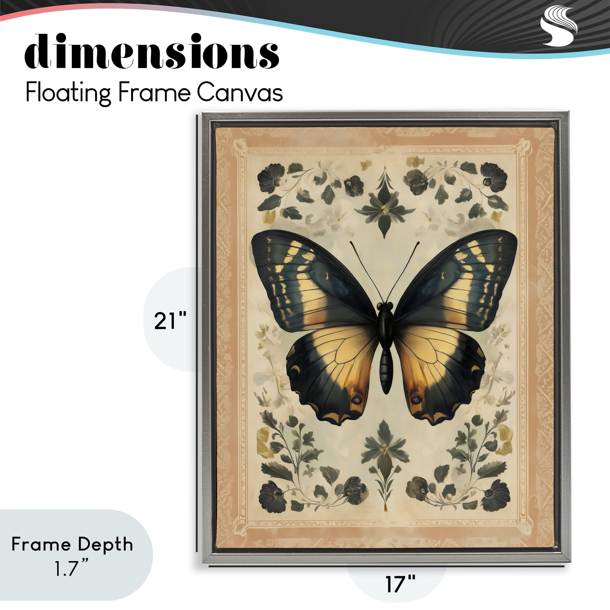 Stupell Industries Vintage Butterfly Botanical Illustration Gray Framed Floater Canvas Wall Art, design by Arlington Prints