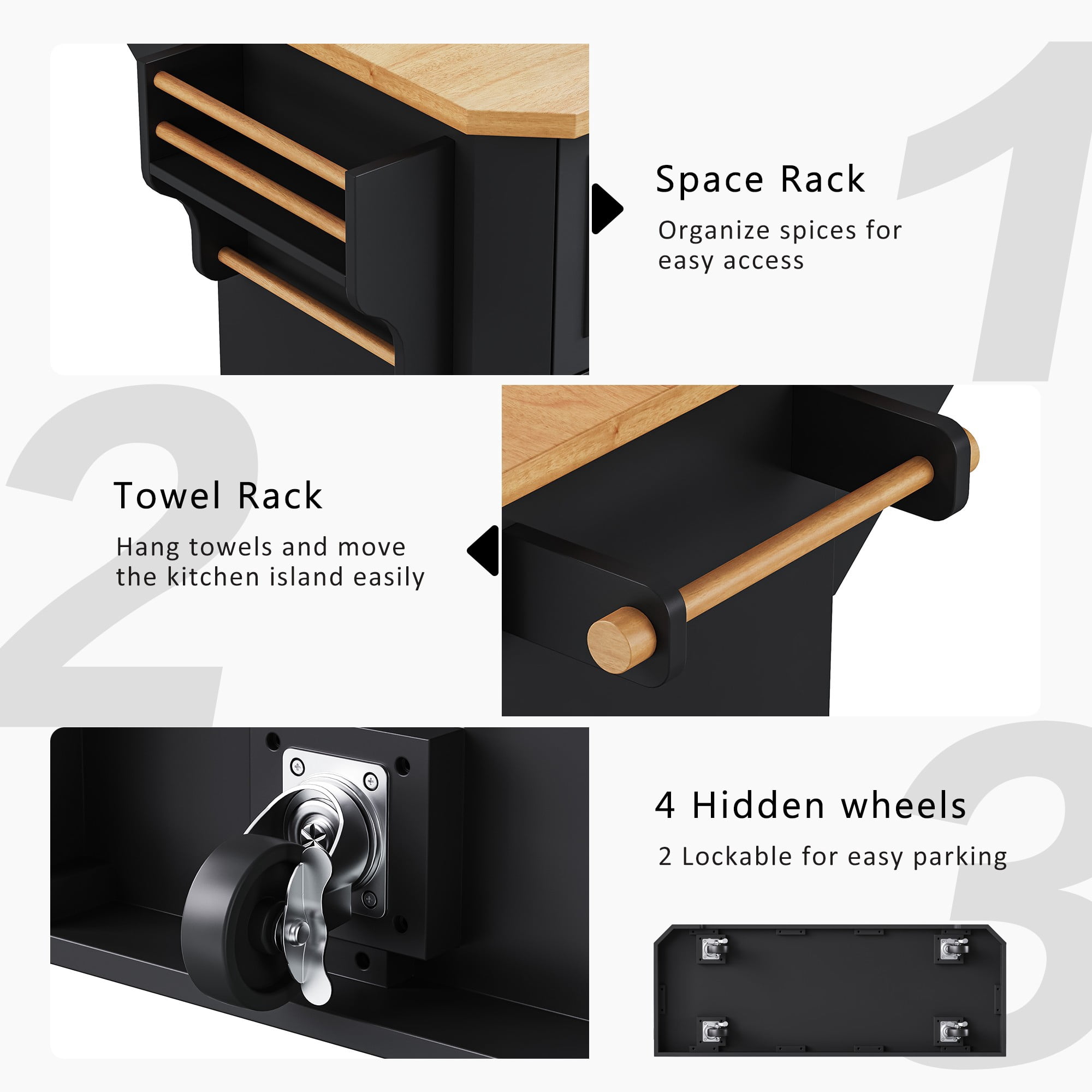 DTTRA 56" Kitchen Island with Drop Leaf & Power Outlet, Rolling Kitchen Cart on Wheels with 6 Drawers, 4-Door Shelves & Rubber Wood Top, Mobile Storage Cabinet for Kitchen & Dining Room, Black
