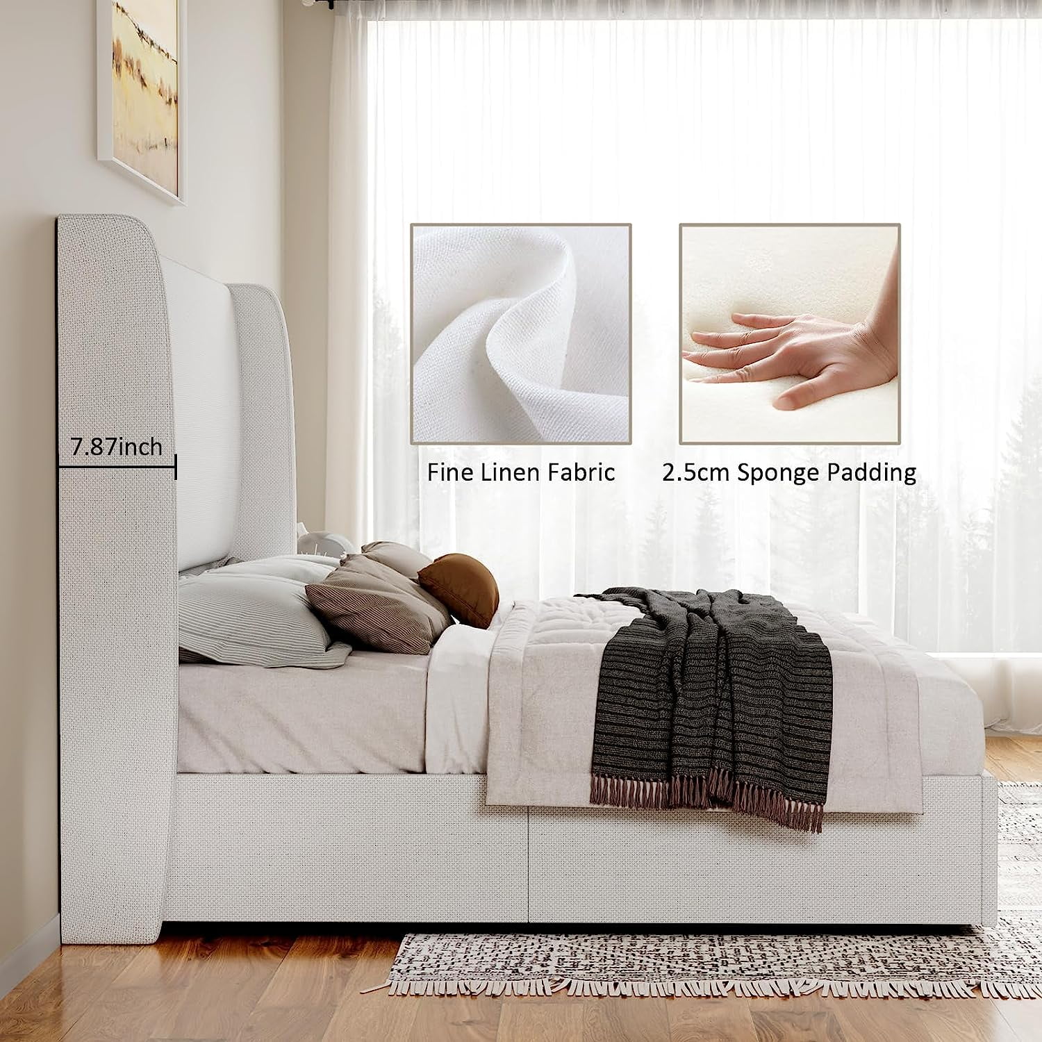 Merluxy King Bed Frame with Lift-Up Storage, Linen Upholstered Platform, Wingback Headboard, No Box Spring Needed, White