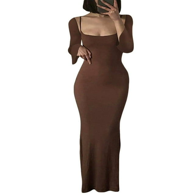 Robe Longue Élégante pour Femmes Couleur Unie Col Rond Bretelles Spaghetti Robe à Manches Longues Évasées Printemps Automne Robe de Soirée Dos Nu
