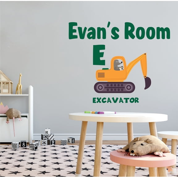 ANIMALS - Vinyl Adhesive Letter E Alphabet Educational Décor Mouse Animal & Excavator Design Multicolored Kids Nursery Bedroom Wall Decal Sticker - Personalized Name Home Wall Decoration 10" x 8"