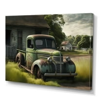 Designart Green Old Truck At The Barn Canvas Wall Art