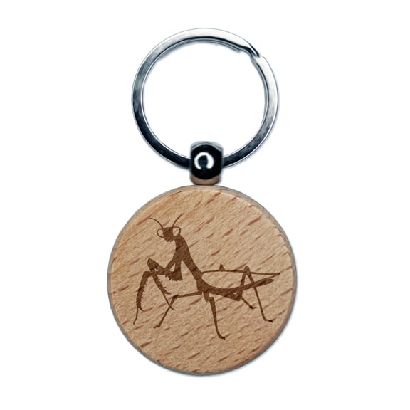 Praying Mantis Insect Round Keychain Charm Tag - Engraved Wood