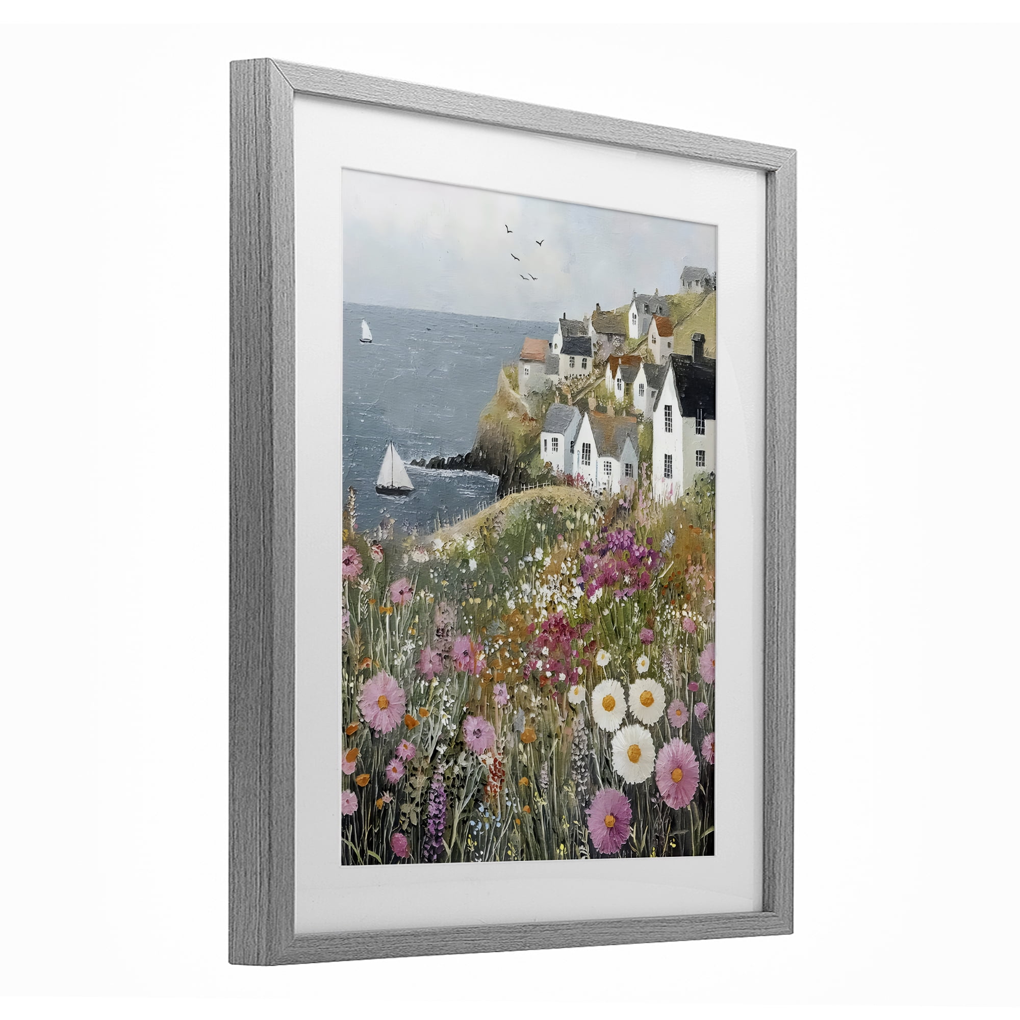 Stupell Industries Pink Meadow Overlooking Sailboats Gray Framed Print Under Glass, design by Riley B