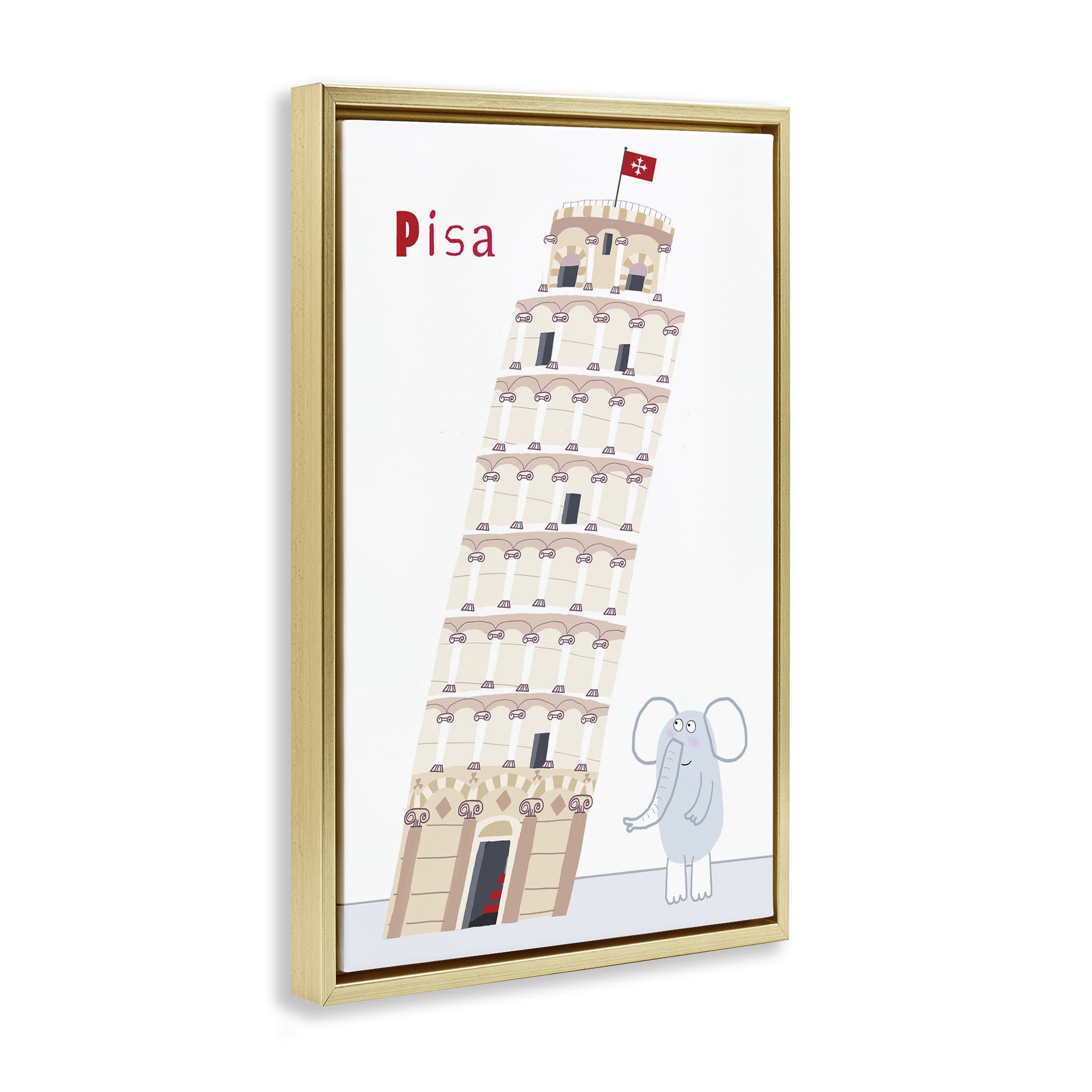 Elephant & Leaning Tower Pisa Gold Framed Floater Canvas Wall Art, design by Carla Daly