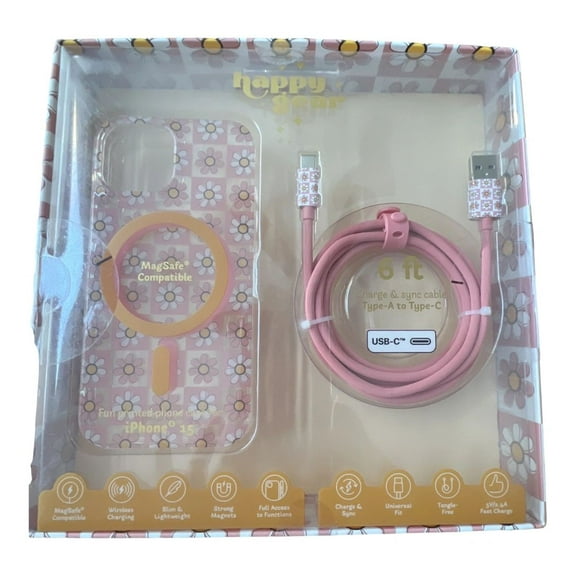 Iphone 15 Pink Flower Case and Charger