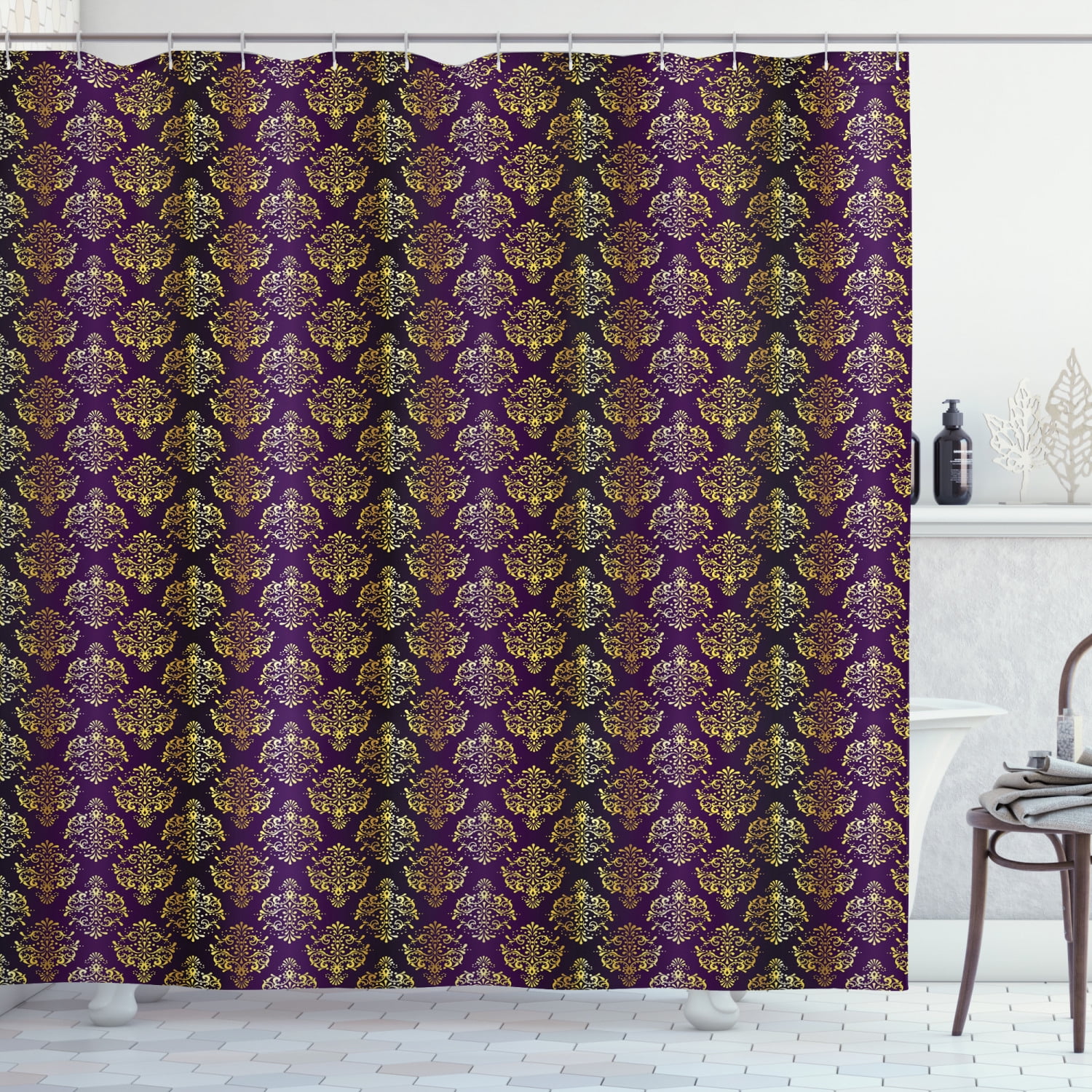 Yellow Damask Shower Curtain, Graphic Pattern of Stylized Oriental Leaf