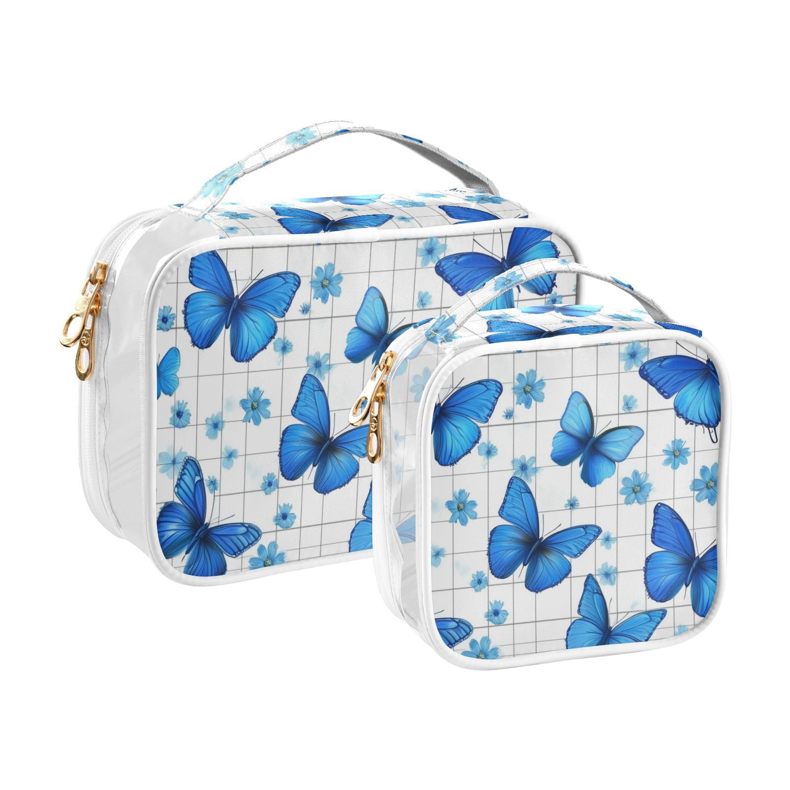 Clear Makeup Bags with Handle Large Opening 2 Pack Set Toiletry Bag Quart Size Bag, for Women Man Traveling Travel Essentials, Toiletries and Other. Blue Butterfly Flower