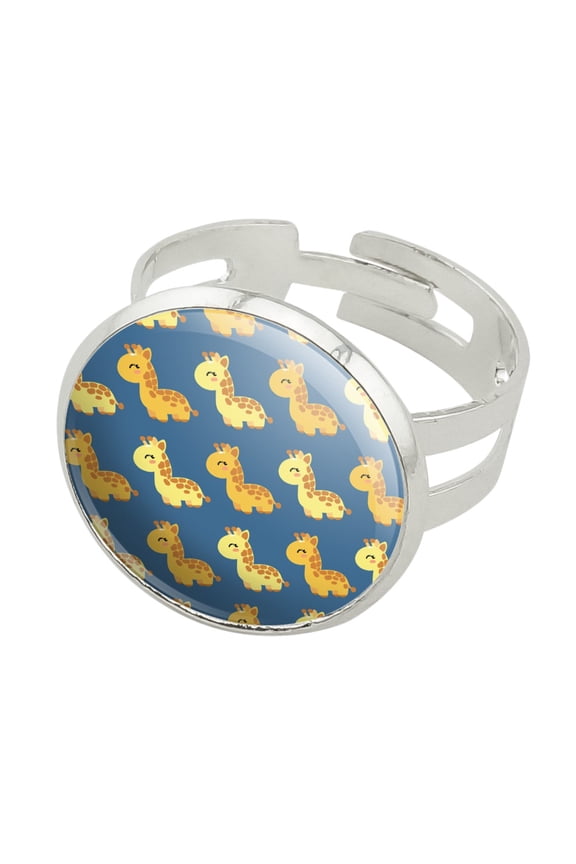 Cute Kawaii Baby Giraffes Pattern Silver Plated Adjustable Novelty Ring