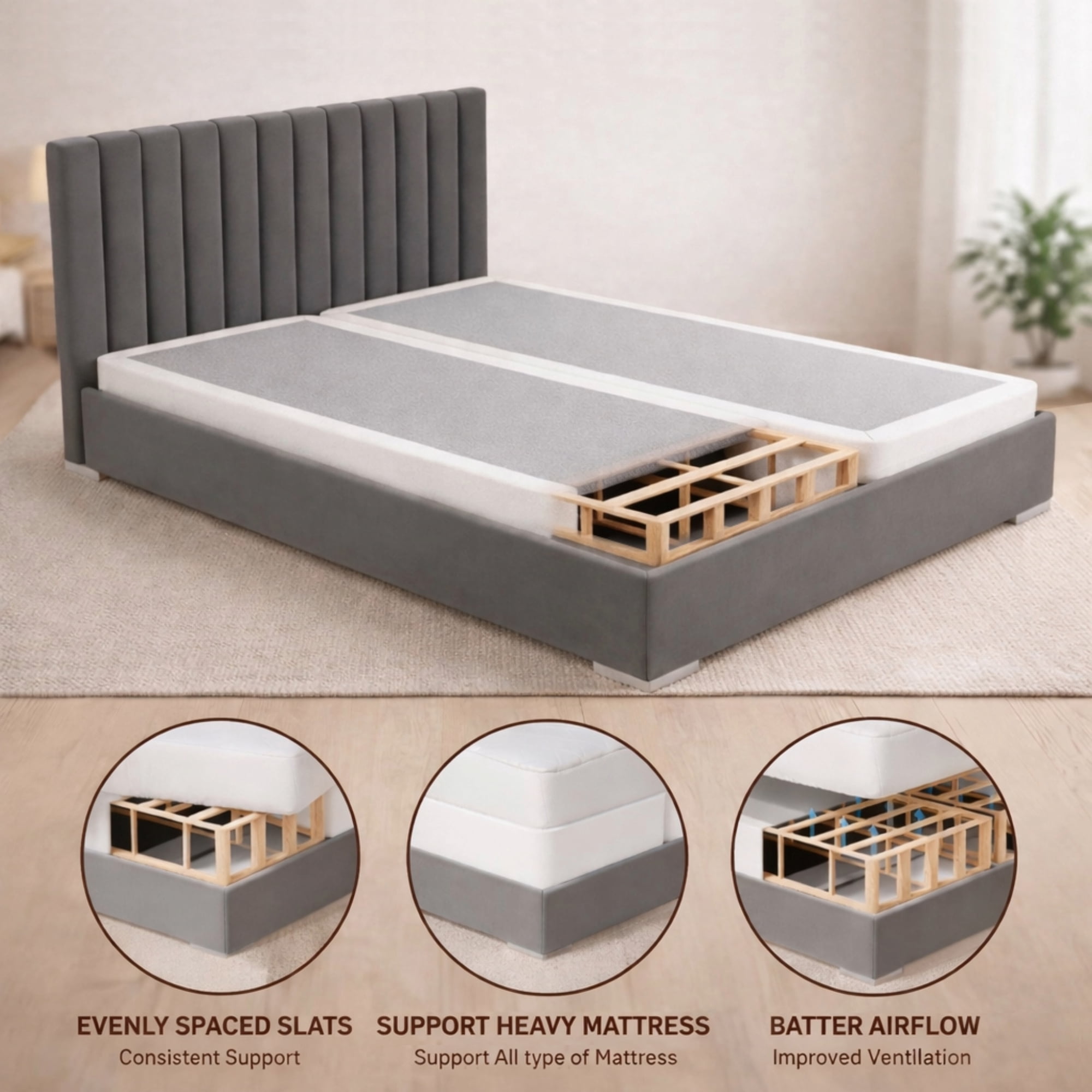 Continental Sleep, Box Spring Bed Base Full Size, 1.5-Inch Wood Mattress Foundation, Quiet Noise Free, 2-Pieces Under Mattress Support BoxSpring, Fully Assembled, White