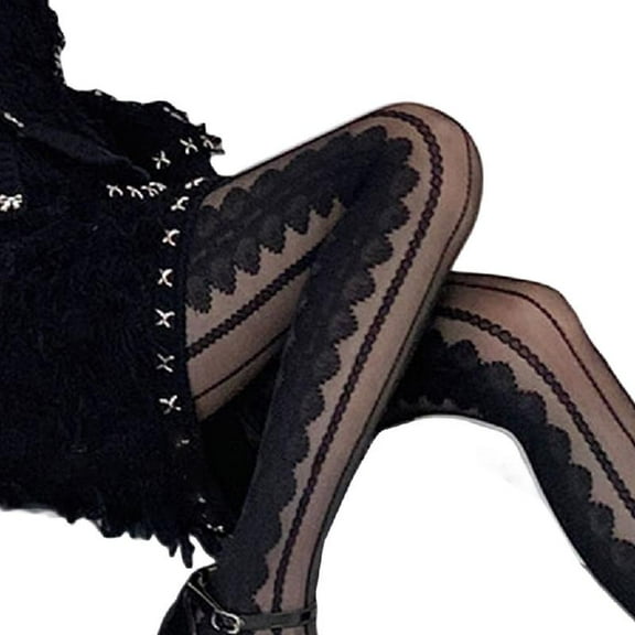 Women Summer Thin Pantyhose Sweet Lace Striped Pattern Sheer Leggings Tights