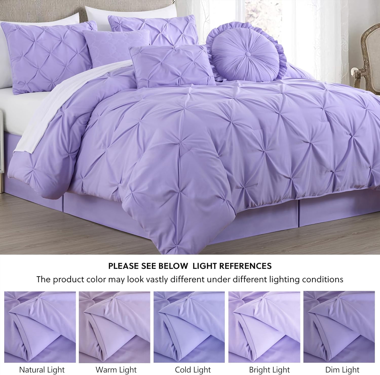 Chezmoi Collection Sydney 7-Piece Pinch Pleat Comforter Set, Lightweight Pintuck Bedding for All Season, King, Lavender