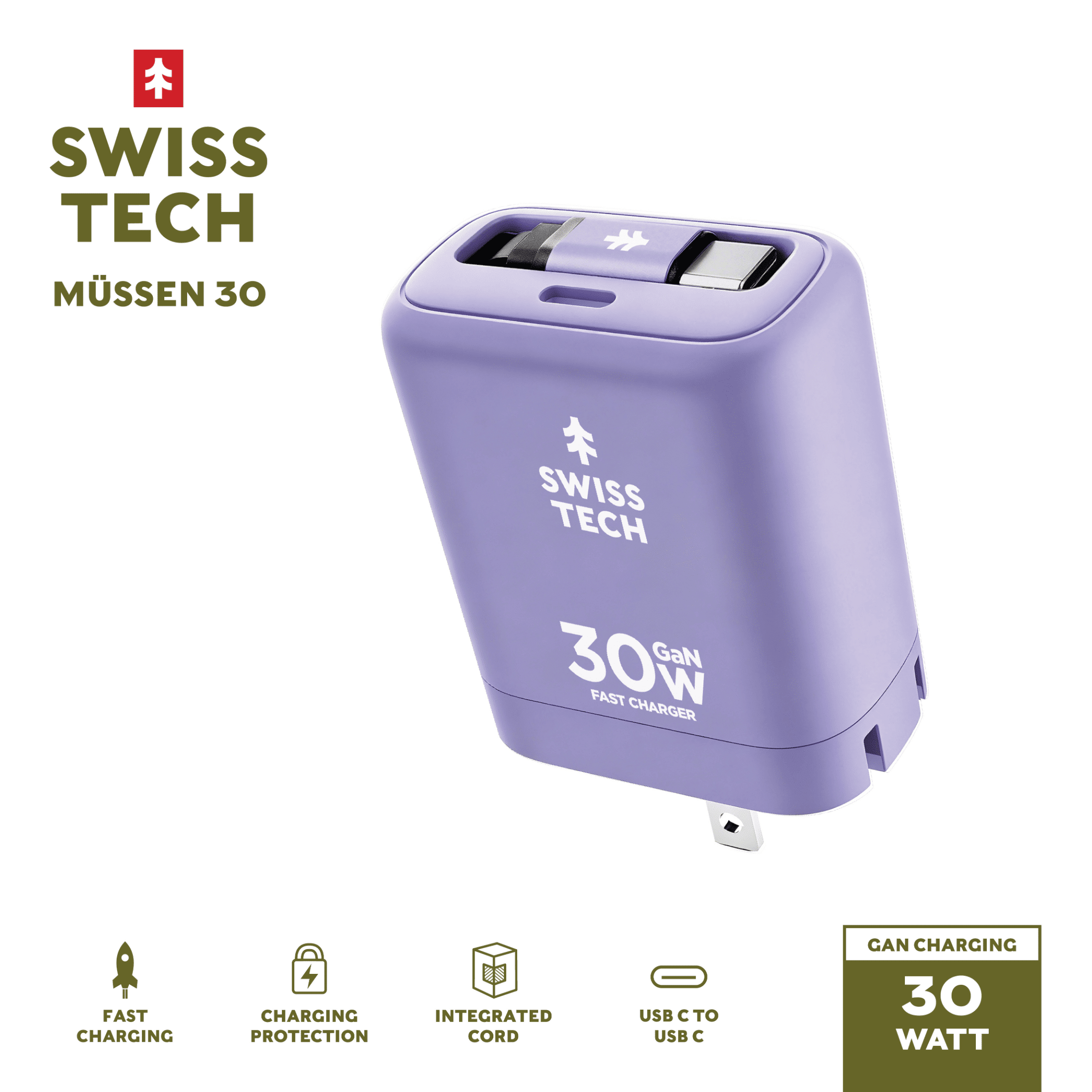 Swiss Tech Mussen 30W USB-C Wall Charger with Retractable Cable, Fast PD Charging, Myrtle Purple