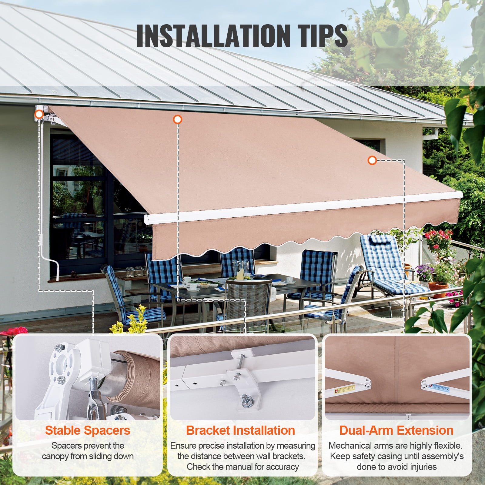 KFFKFF Hand-Operated Retractable Canopy, 12 x 10 ft Exterior Deck Shade, Moisture-Resistant Polyester Terrace Door Window Shade Shelter with Turning Handle for Garden, Veranda