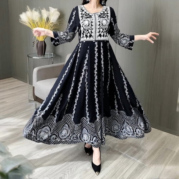 MORTTIC Women's Middle Eastern Style Round Neck Embroidered Dress 3/4 Sleeve Elegant Vacation Dress Black，S