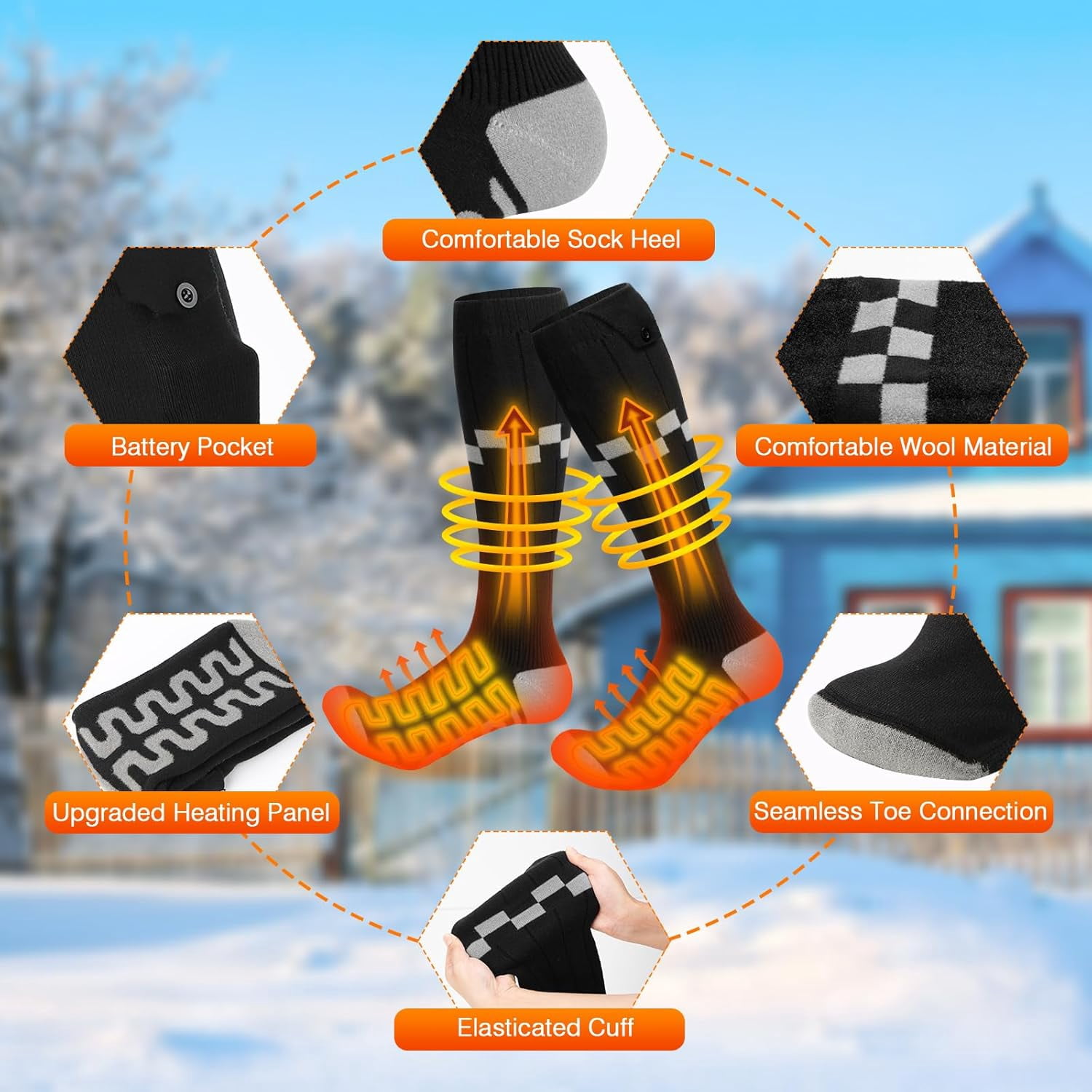 Heated Socks 5V/6000mAh Double Heating Wires Max. 14H, 4 Temperature Settings Rechargeable Electric Socks for Men Women, Machine Washable Warming Socks, Warmer for Soles