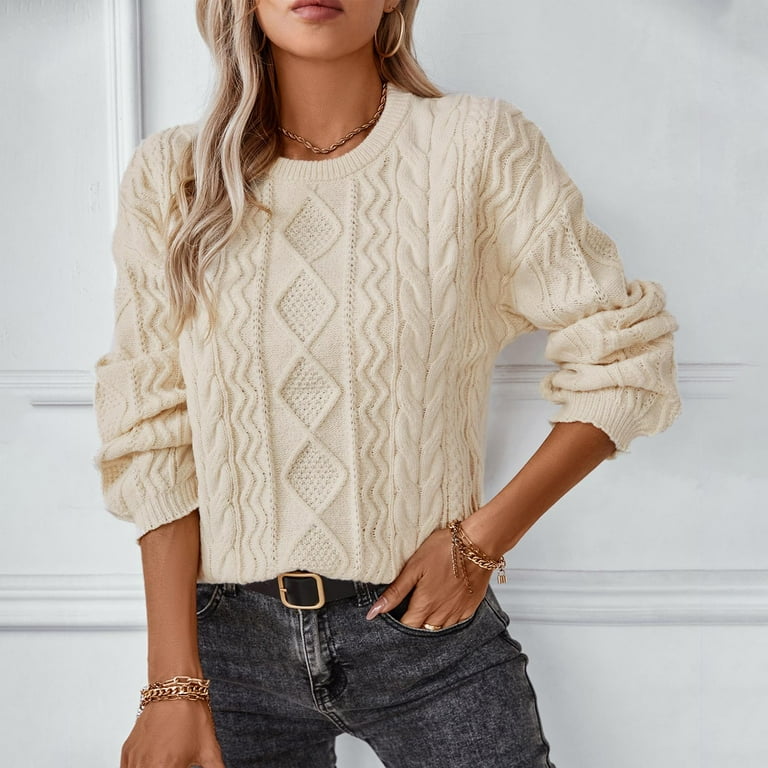 Women's Cable Knit Sweater Oversized Casual Sweaters Crewneck Long