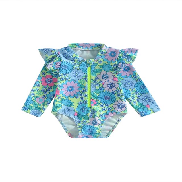QJUHUNG Kid Baby Girls One Piece Swimsuit Long Sleeve Zipper Swimwear Ruffle Rashguard Bathing Suits Beachwear