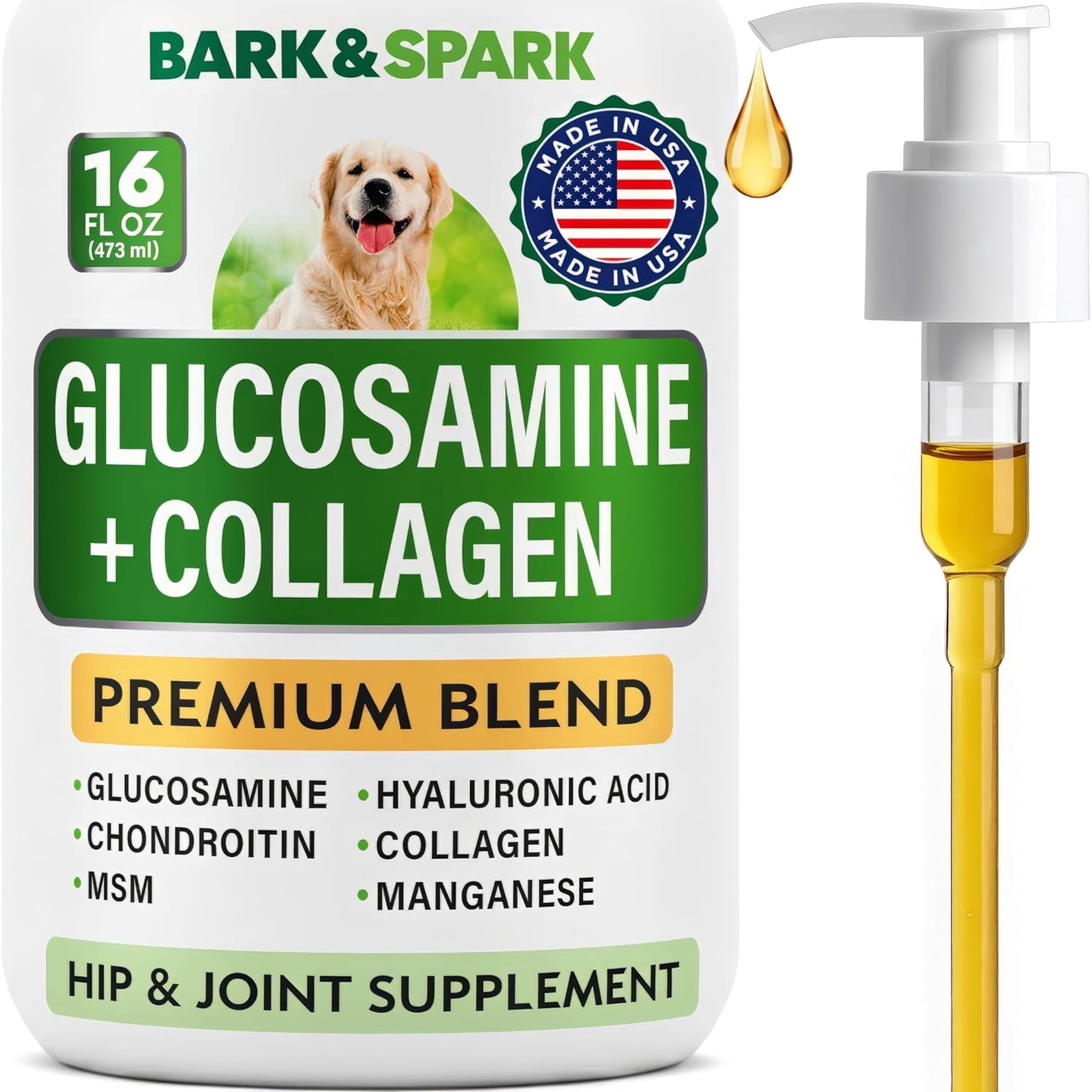 Liquid Glucosamine for Dogs - Hip & Joint Support with Chondroitin, MSM & Collagen - Easy-Serve Joint Pain Relief Supplement (16 fl oz)