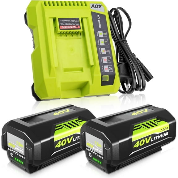 2Packs 7500mAh OP4026 Replacement for Ryobi 40 Volt Lithium Battery and Charger Combo Compatible with Ryobi 40V Battery OP4050A OP40601 OP4026A OP4040 OP4030 OP4015 OP40261 OP40201 Tools (Green)