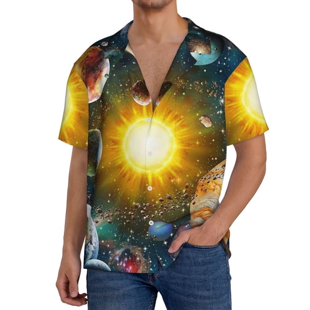 Fotbe Space Planet Camisa Estampada de Manga Corta para Hombre, Casual de Verano, Estilo Playero, Sin Arrugas-3X-Large