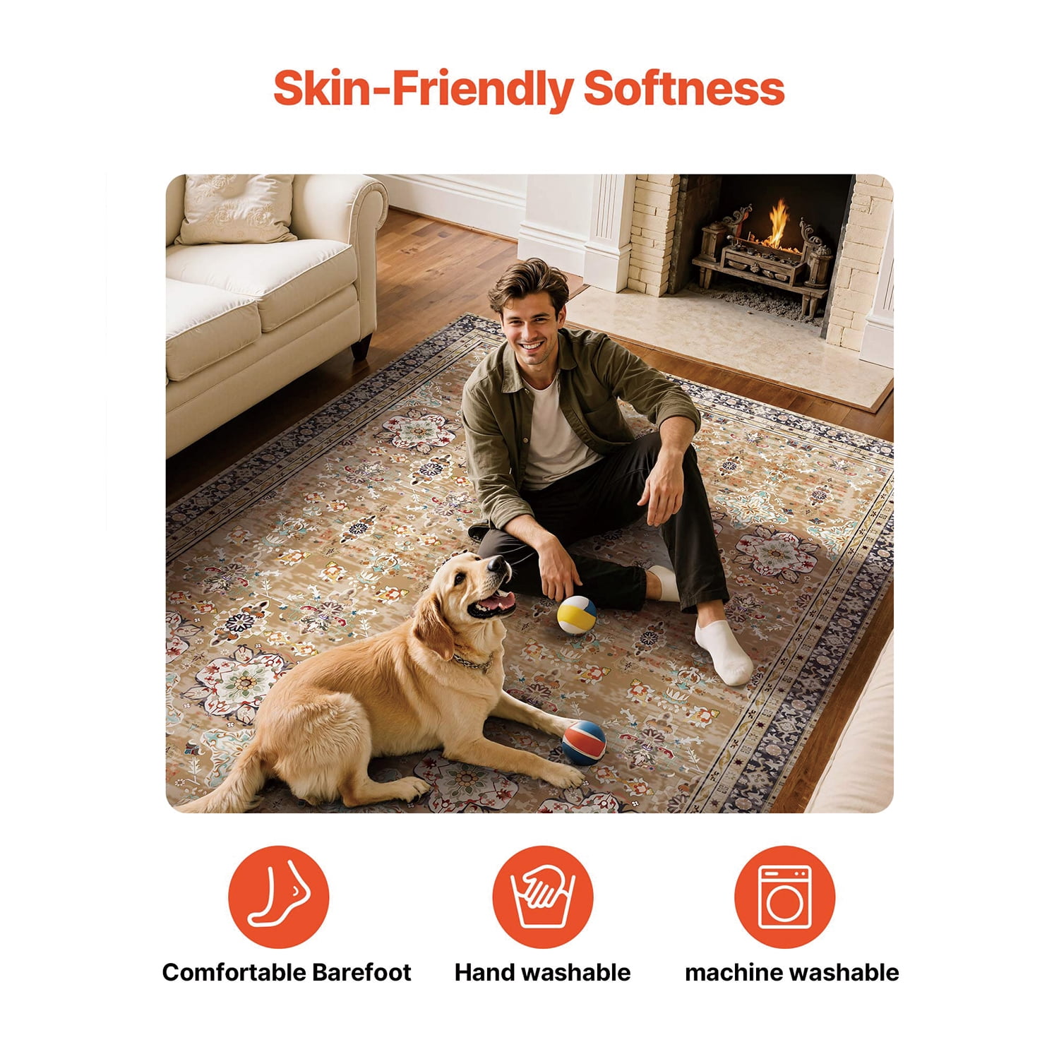 KFFKFF 6 x 9 ft Washable Area Rug, Soft and Durable Non-Slip Carpet, Tear-Resistant Indoor Mat for Bedroom, Living Room, Entryway, Pet Friendly, Brown Green