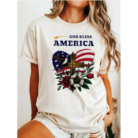 God Bless America Heart Flag Shirt, Christian Patriotic Tee, July 4th Independence Day, Unisex USA Cross & Hibiscus T-Shirt