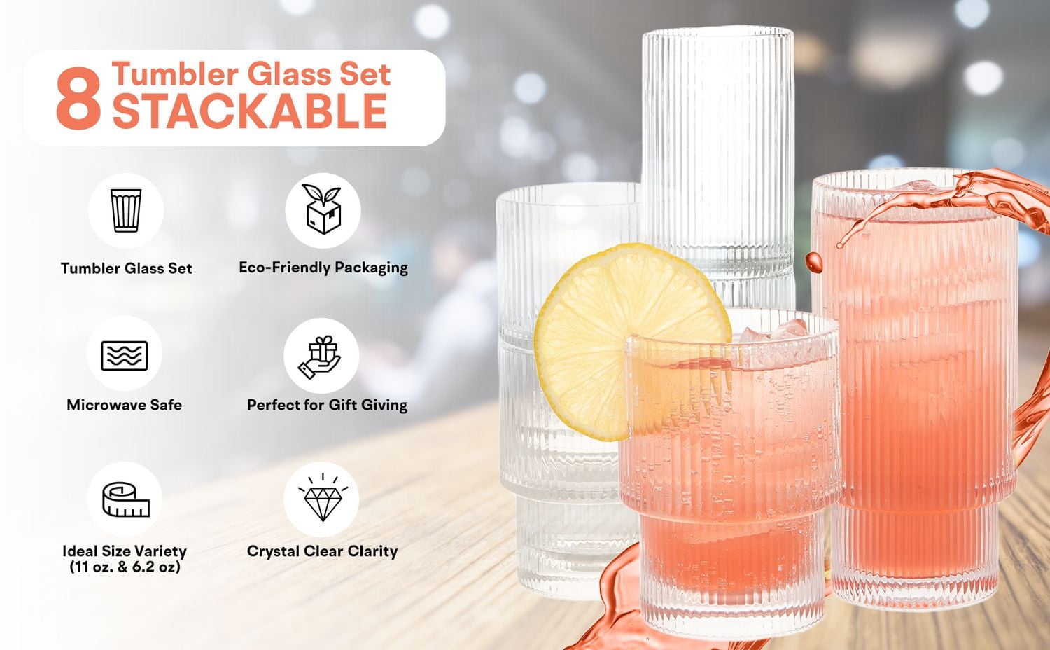 Ridge Stackable Ribbed Glasses Set of 8 – 4 Tall Tumblers (325ml) & 4 Short Tumblers (185ml) – Space-Saving, Modern, Dishwasher Safe Drinkware