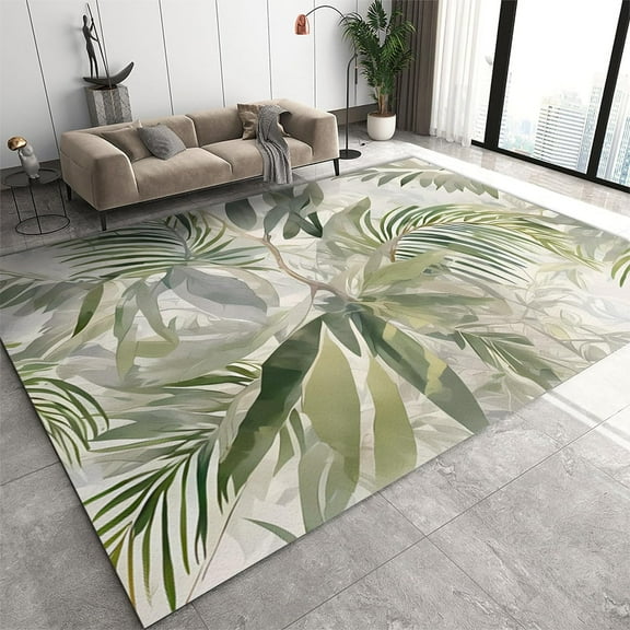 Green Tropical Plants Area Rug, Hand Painted Watercolor Palm Leaves Indoor Non-Slip Rugs, with Anti-Slip Backing Washable Indoor Carpet for Living Room Bedroom Dining Room 5' x 6'