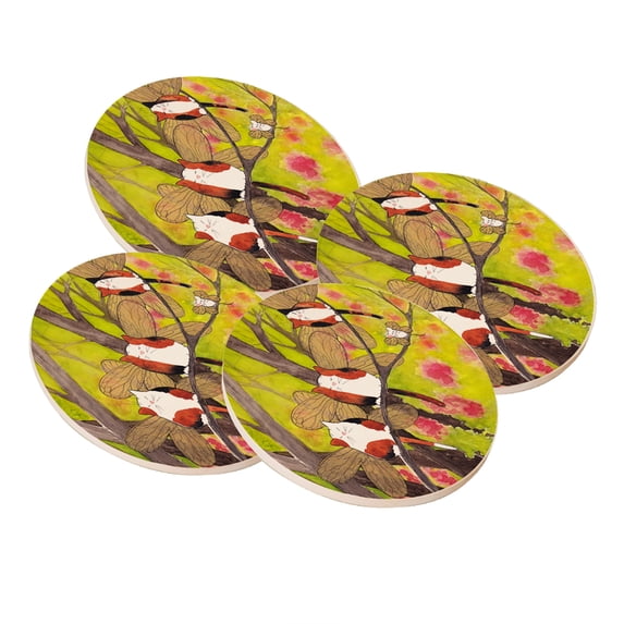 KuzmarK Sandstone Drink Coaster (set of 4) - Calico Kitty and White Mouse Fairies with Redbud Trees Cat Art by Denise Every