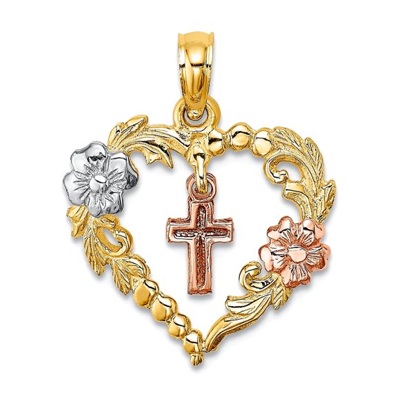 14k Gold 17mm Love Heart With Dangling Religious Faith Cross and Flowers Tri-color Pendant Necklace for Women