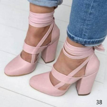

Women Chunky Heels Sandals Pointed Toe PU Leather Female Sandals for Summer 38