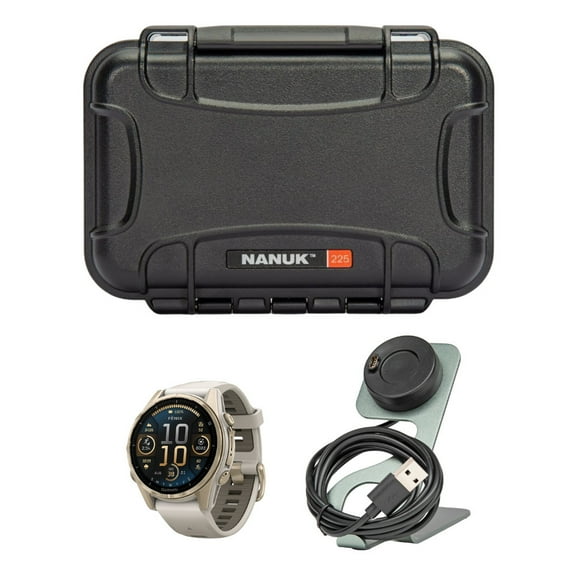 Garmin fenix 8 43mm GPS Smartwatch (Fog Gray and Sandstone) Bundle with Waterproof Hard Case (Black) and Focus Camera Charger Stand for Garmin Smartwatches (3 Items)