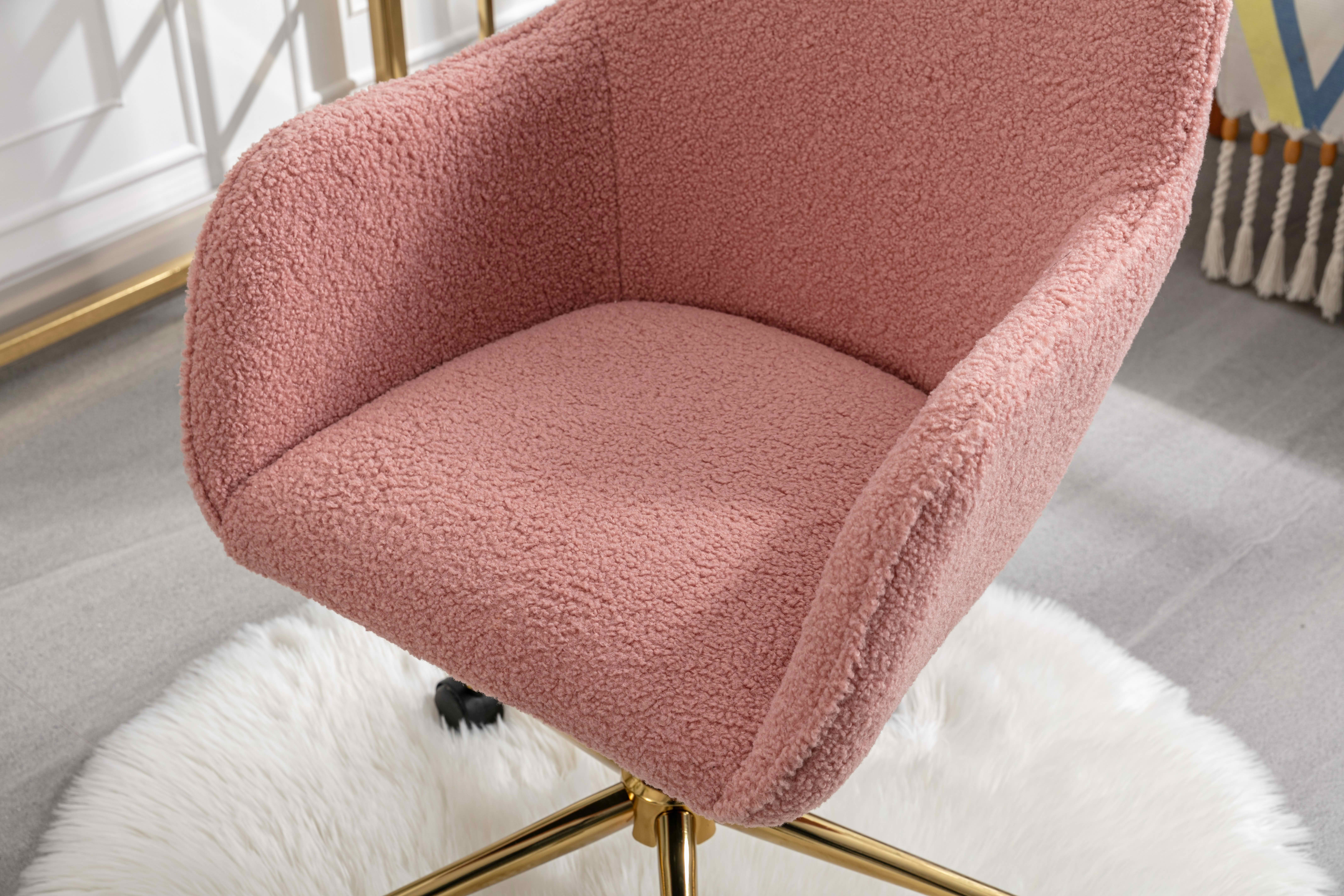MAYEERTY Modern Teddy Fabric Office Chair, Adjustable Height 360° Revolving with Gold Metal Legs & Universal Wheels, for Indoor Home Office, Pink