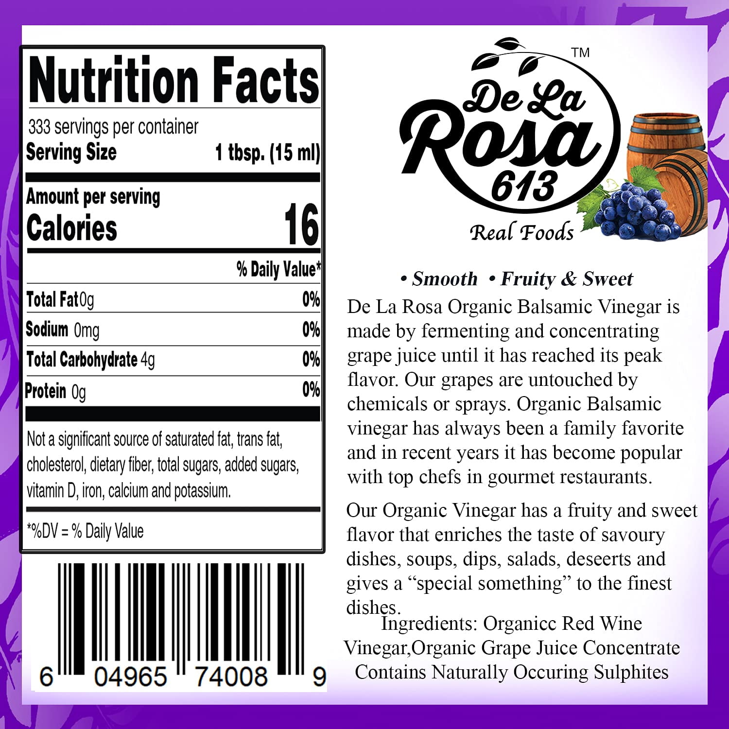 De La Rosa 613 Organic Balsamic Vinegar, 5 Liter, Serving Size 15ml