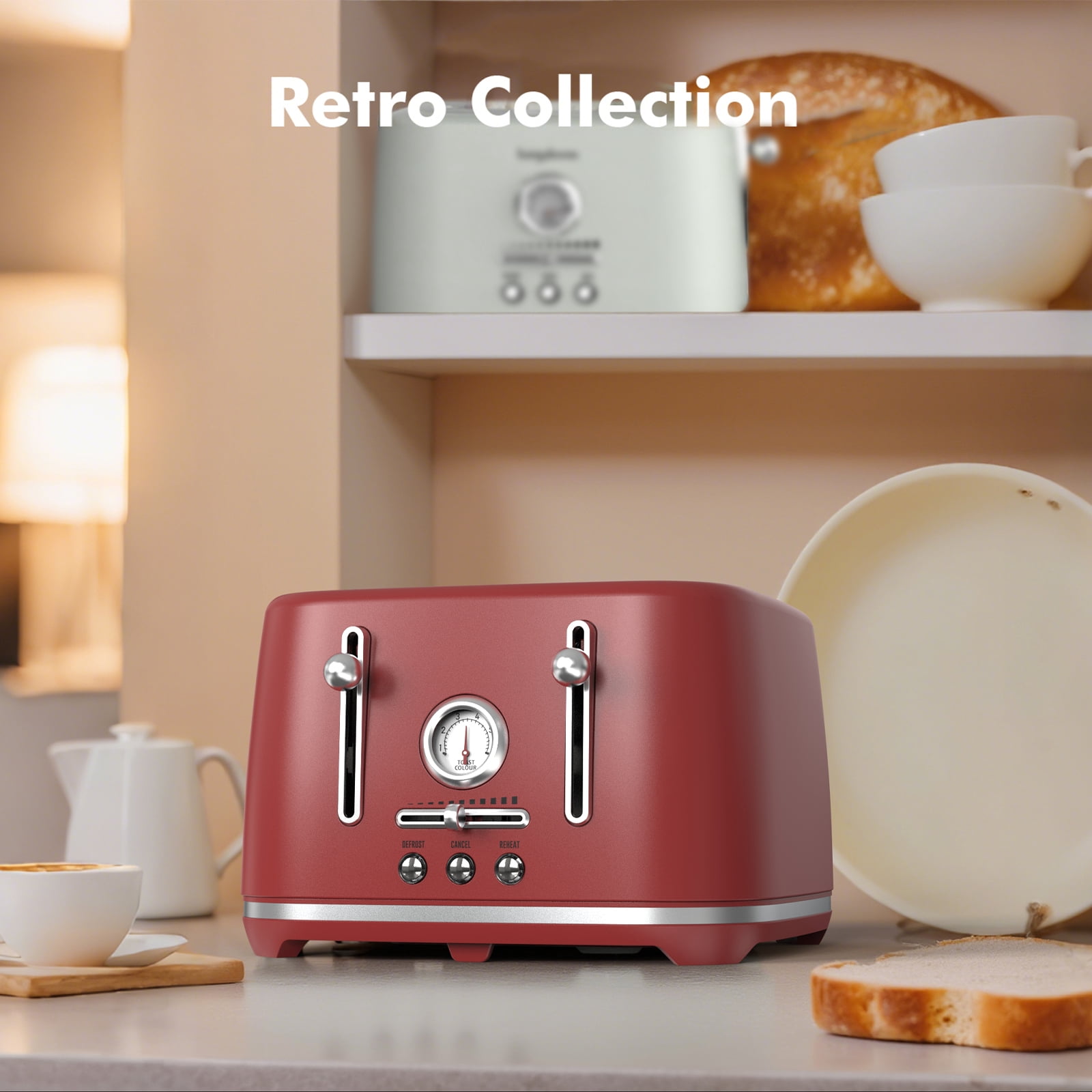 LONGDEEM 4 Slice Toaster - 6 Browning Options, Wide Slots, High Lift Lever, Dual Controls - Red