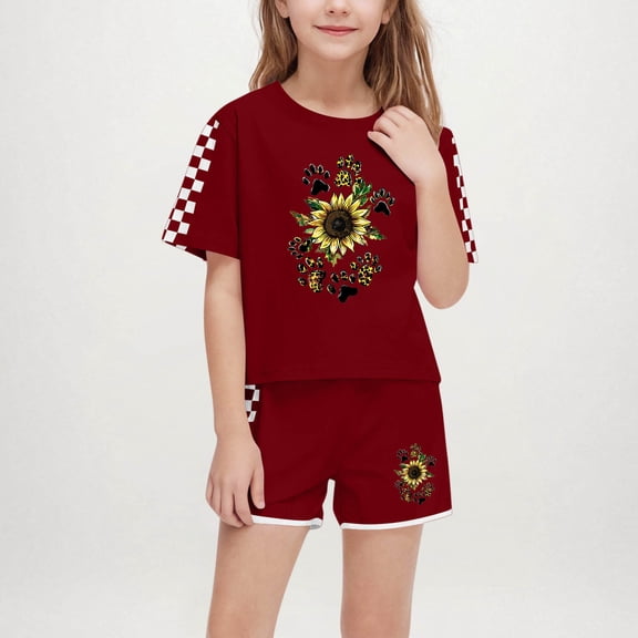 Piuwrlz Summer Boys Girls T-Shirt and Short Pants Sets Kids Short Shirt and Shorts Set Printed Round Neck Tight Shirt Children's Set Wine Size 9 Years